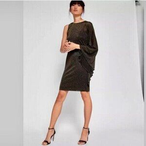 BNWT Ted Baker London Monyca Black Gold Metallic One Shoulder Draped Dress